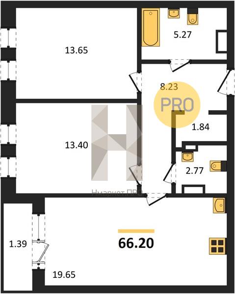 2—комн. квартира, 66.2 кв.м, 6/18 этаж