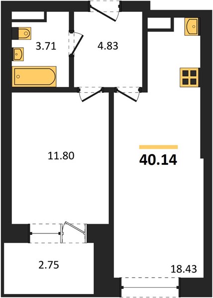 1—комн. квартира, 40.14 кв.м, 4/28 этаж