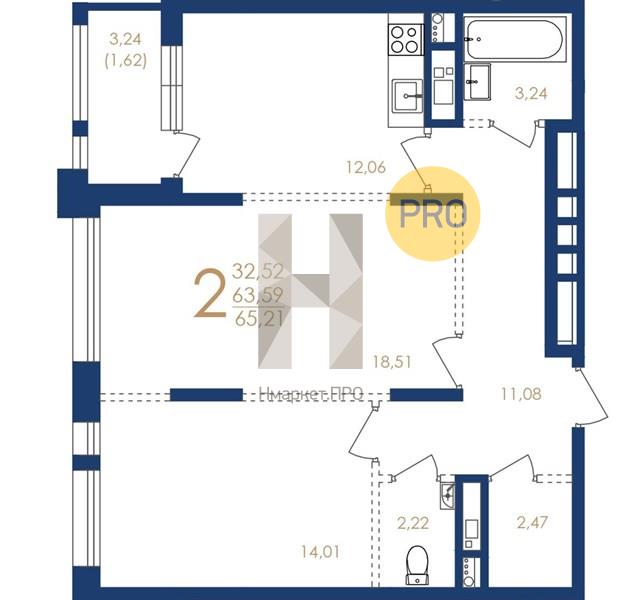 2—комн. квартира, 65.21 кв.м, 6/17 этаж