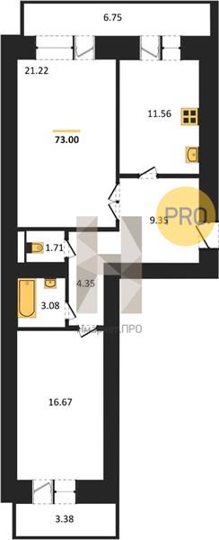2—комн. квартира, 73.9 кв.м, 3/16 этаж