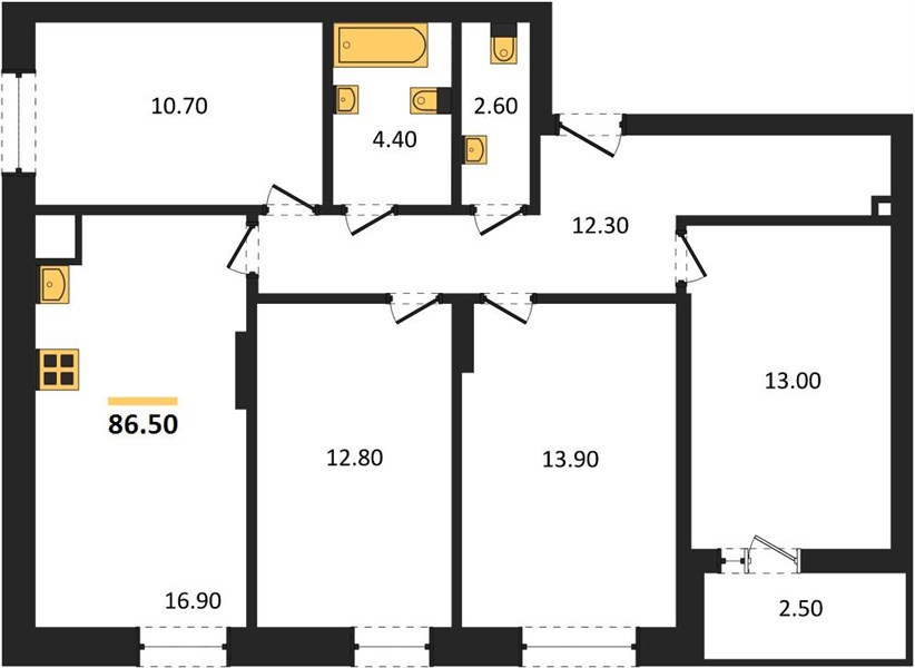 ЖК «Тетра» · 4-комнатная квартира · 86.5 м² · 1 этаж