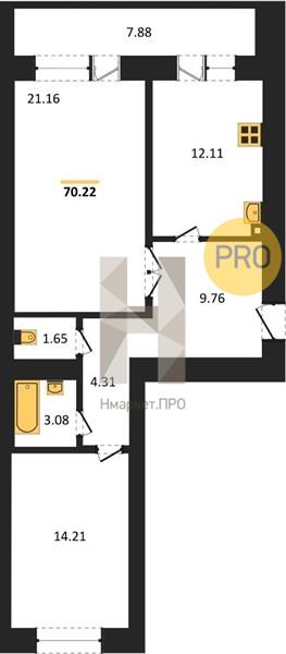 2—комн. квартира, 71.1 кв.м, 13/16 этаж