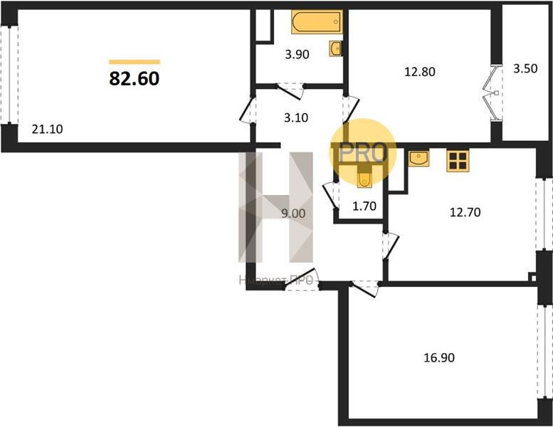 3—комн. квартира, 82.6 кв.м, 1/17 этаж