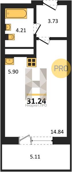 1—комн. квартира, 31.24 кв.м, 7/25 этаж