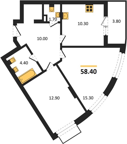 ЖК «Щелоковский» · 2-комнатная квартира · 58.4 м² · 2 этаж