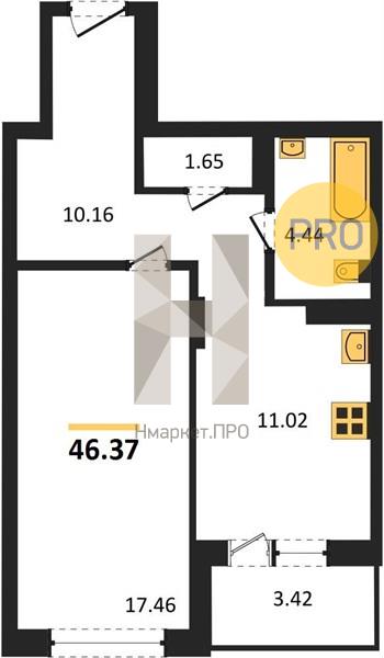1—комн. квартира, 46.37 кв.м, 18/18 этаж