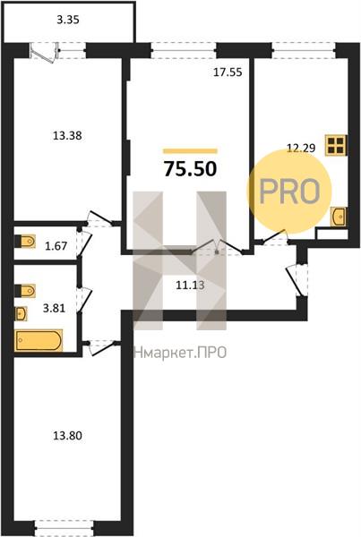3—комн. квартира, 75.5 кв.м, 17/17 этаж
