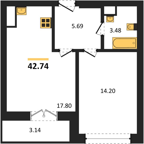 ЖК «Импульс» · 1-комнатная квартира · 42.74 м² · 16 этаж