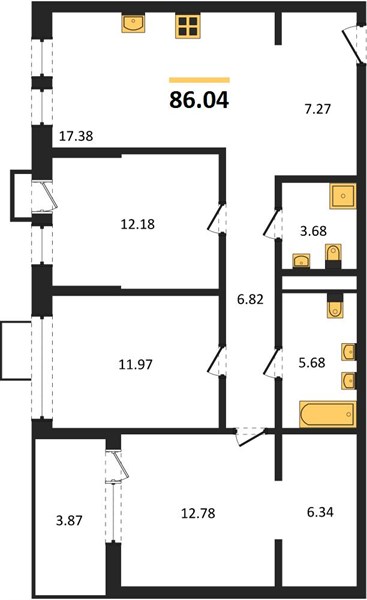 3—комн. квартира, 86.04 кв.м, 12/21 этаж