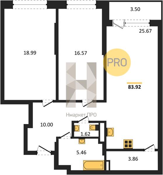 2—комн. квартира, 83.92 кв.м, 2/24 этаж