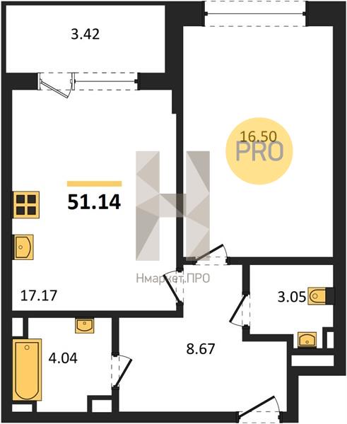 1—комн. квартира, 51.14 кв.м, 5/25 этаж