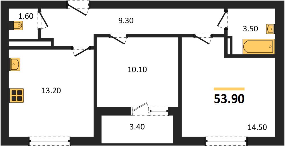 ЖК «Кузнечиха Город» · 2-комнатная квартира · 53.9 м² · 6 этаж