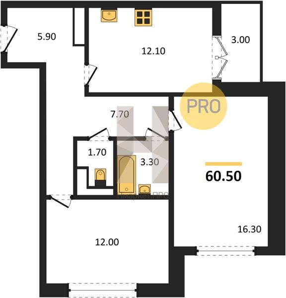 2—комн. квартира, 60.5 кв.м, 17/17 этаж