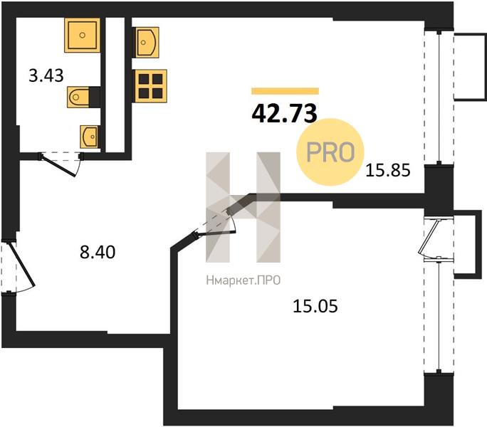 1—комн. квартира, 42.73 кв.м, 2/21 этаж
