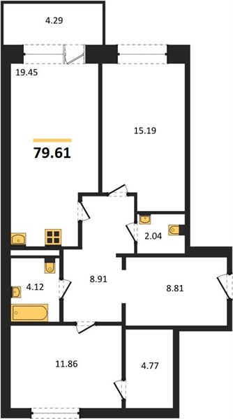 2—комн. квартира, 79.61 кв.м, 2/9 этаж