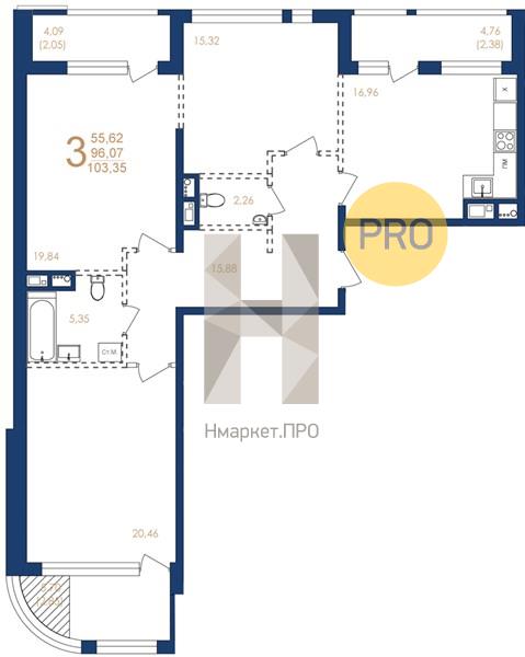 3—комн. квартира, 103.35 кв.м, 3/17 этаж