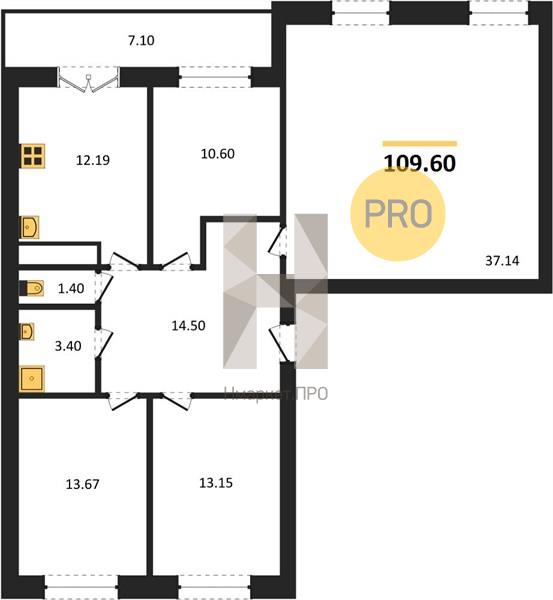 4—комн. квартира, 109.6 кв.м, 15/15 этаж