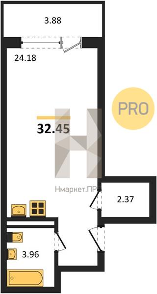 Квартира, 32.45 кв.м, 9/21 этаж
