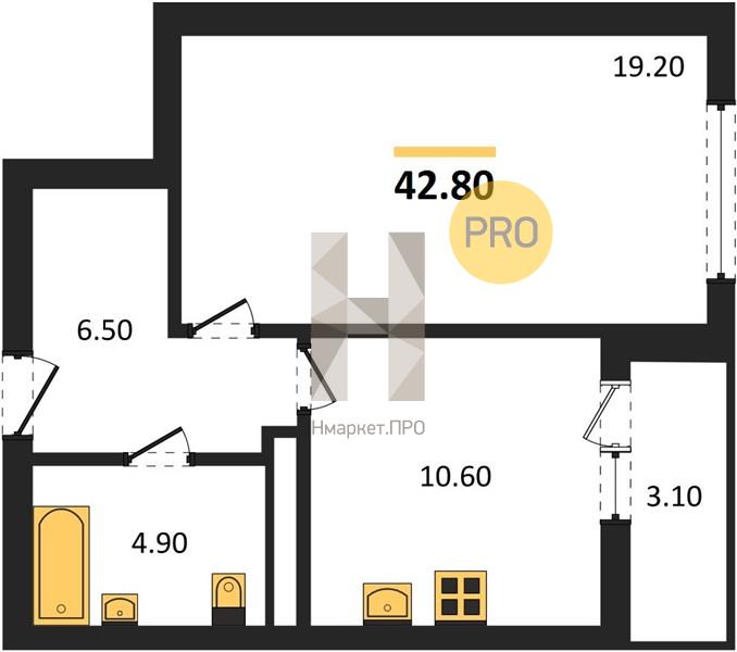 1—комн. квартира, 42.8 кв.м, 10/25 этаж