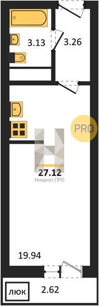 1—комн. квартира, 27.12 кв.м, 26/27 этаж