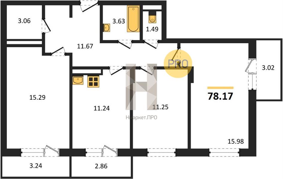 3—комн. квартира, 78.17 кв.м, 13/18 этаж