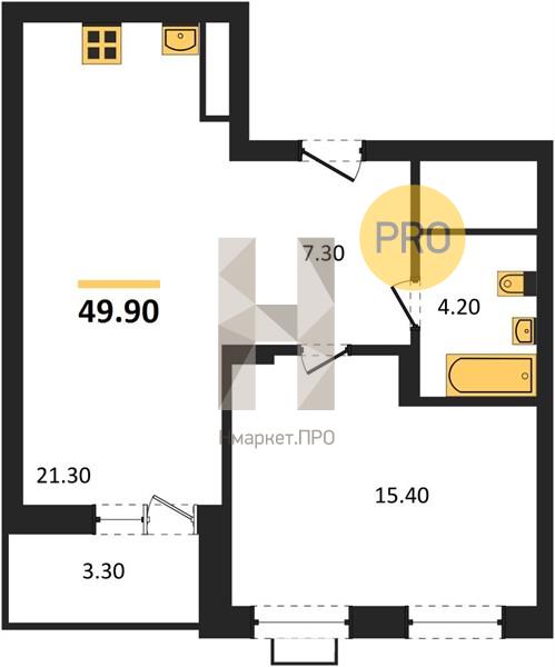 1—комн. квартира, 49.9 кв.м, 15/15 этаж