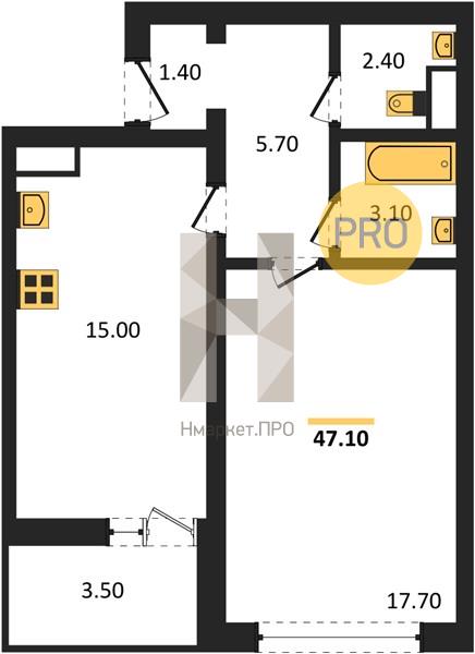 1—комн. квартира, 47.1 кв.м, 6/18 этаж