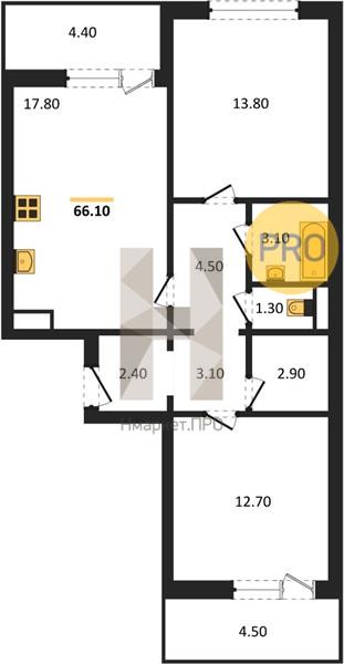 2—комн. квартира, 66.1 кв.м, 5/18 этаж