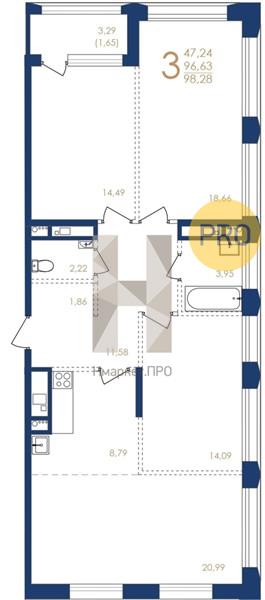 3—комн. квартира, 98.28 кв.м, 9/17 этаж