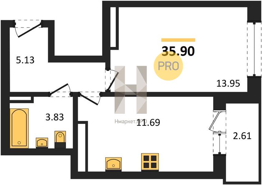 1—комн. квартира, 35.9 кв.м, 18/19 этаж