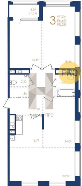 3—комн. квартира, 98.28 кв.м, 4/17 этаж