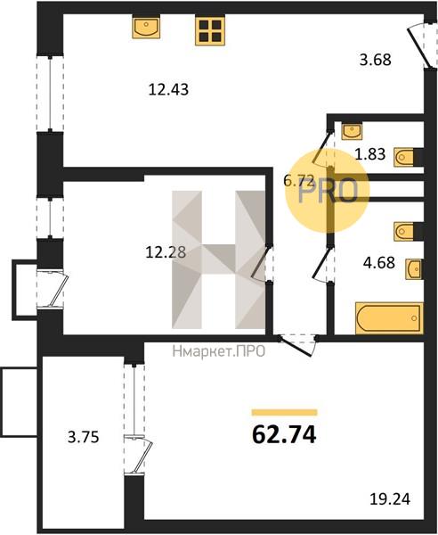 2—комн. квартира, 62.74 кв.м, 3/21 этаж