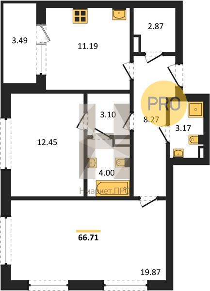 2—комн. квартира, 66.71 кв.м, 5/18 этаж