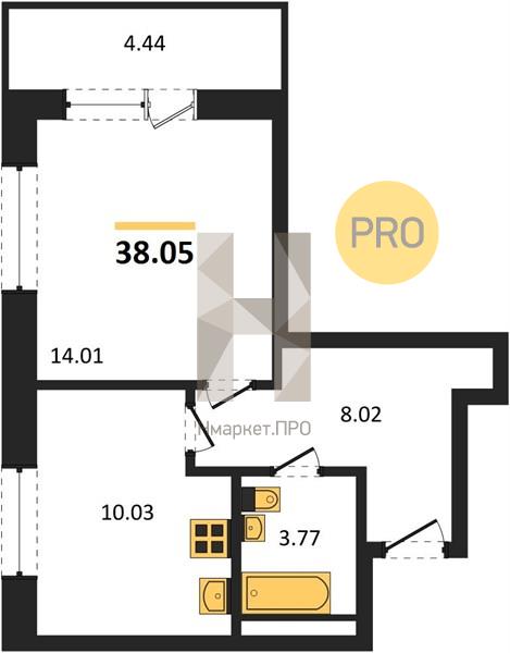 1—комн. квартира, 38.05 кв.м, 5/24 этаж