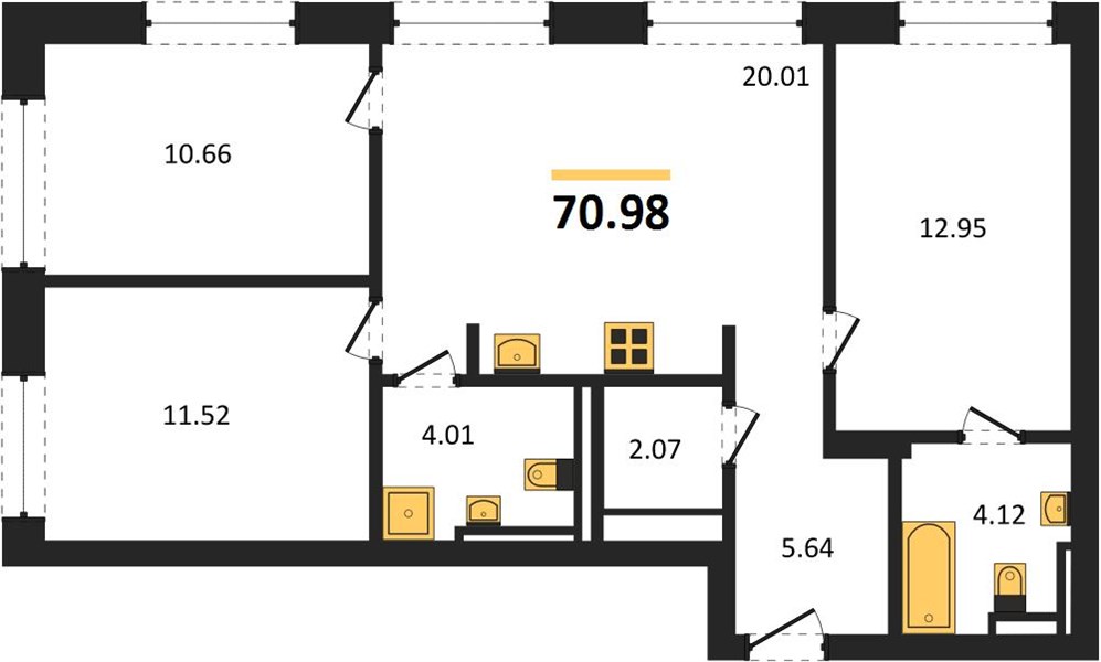 ЖК «Статус на Гребном канале» · 3-комнатная квартира · 70.98 м² · 10 этаж