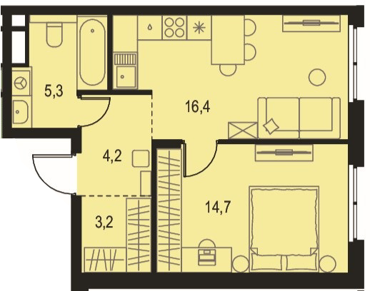 ЖК «Левел Волга» · 1-комнатная квартира · 43.8 м² · 7 этаж