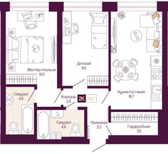 ЖК «Идель. Квартал на Сенной.» · 2-комнатная квартира · 59.7 м² · 15 этаж