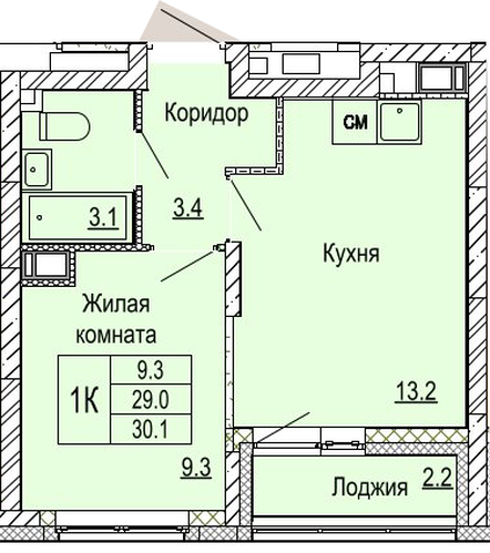 ЖК «Кузнечиха Город» · 1-комнатная квартира · 30.1 м² · 8 этаж