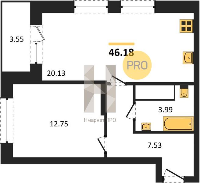 1—комн. квартира, 46.18 кв.м, 6/25 этаж