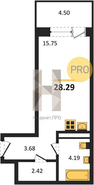 1—комн. квартира, 28.29 кв.м, 2/24 этаж