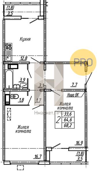2—комн. квартира, 68.2 кв.м, 11/19 этаж