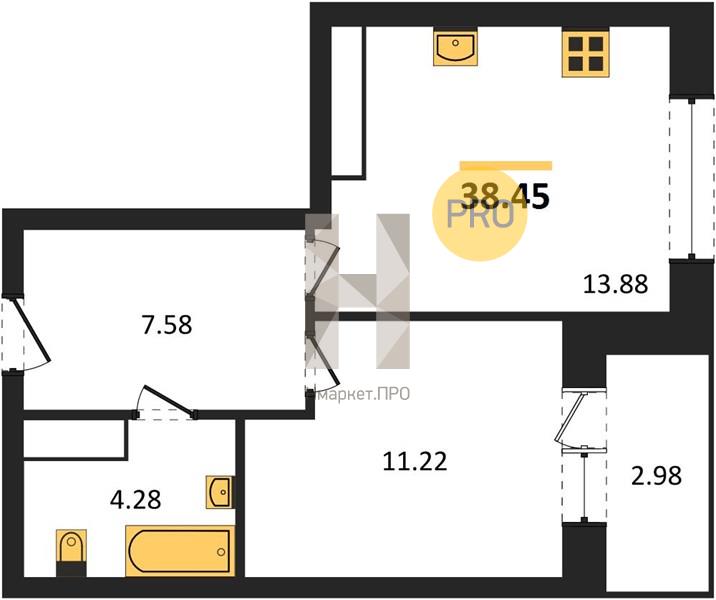 1—комн. квартира, 38.45 кв.м, 20/25 этаж