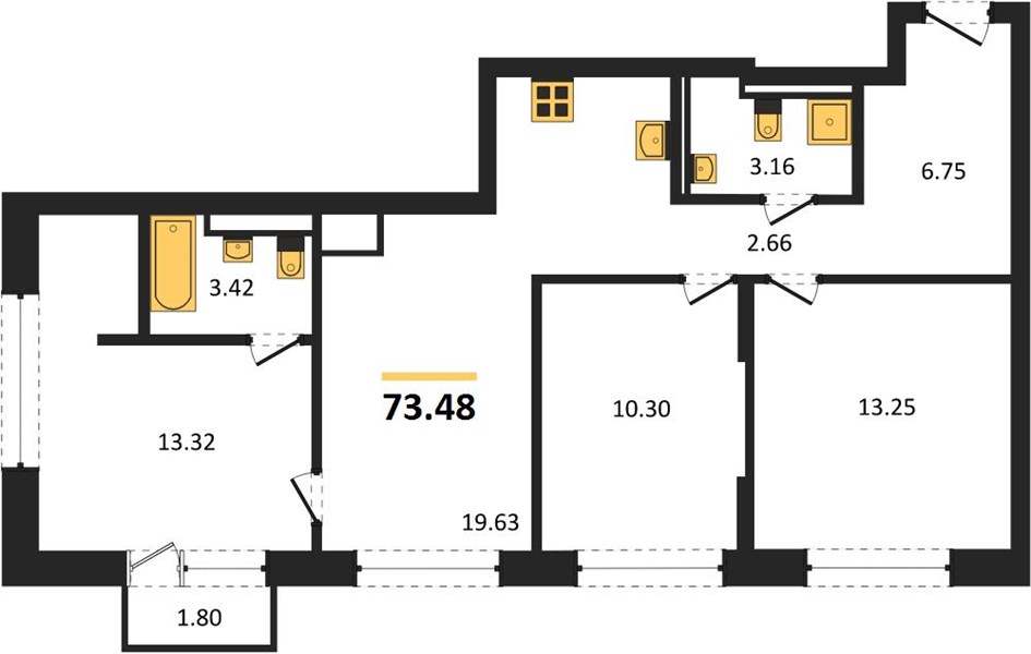 ЖК «Статус на Гребном канале» · 3-комнатная квартира · 73.48 м² · 13 этаж