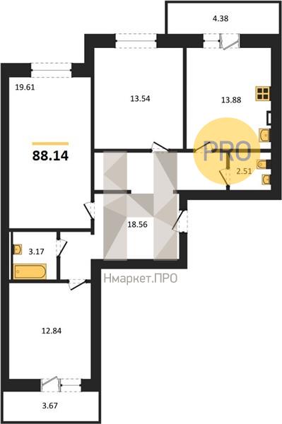 3—комн. квартира, 88.14 кв.м, 1/4 этаж