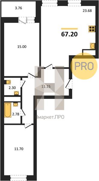 2—комн. квартира, 67.2 кв.м, 21/21 этаж
