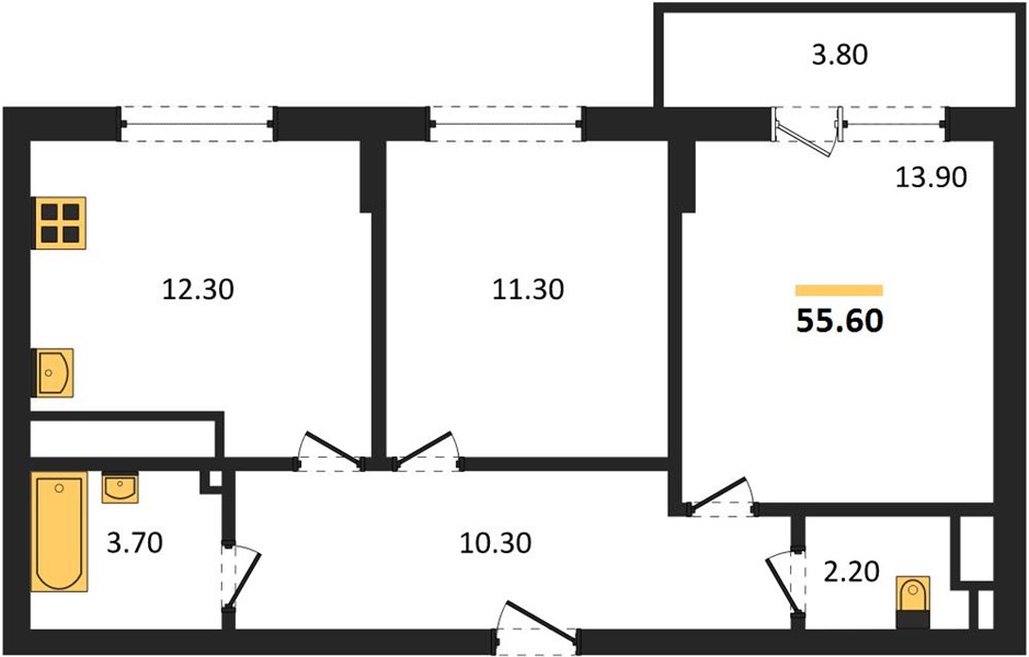 ЖК «Кузнечиха Город» · 2-комнатная квартира · 55.6 м² · 22 этаж