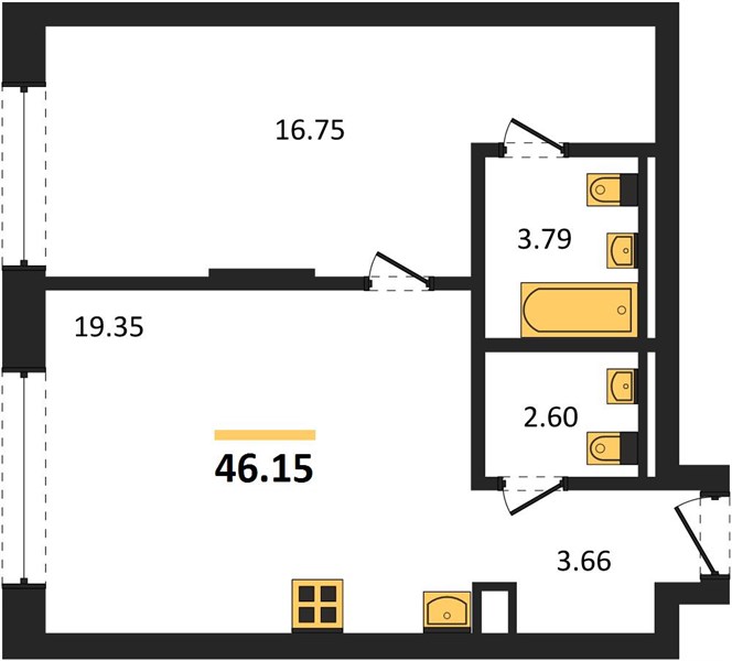 ЖК «Статус на Гребном канале» · 1-комнатная квартира · 46.15 м² · 8 этаж