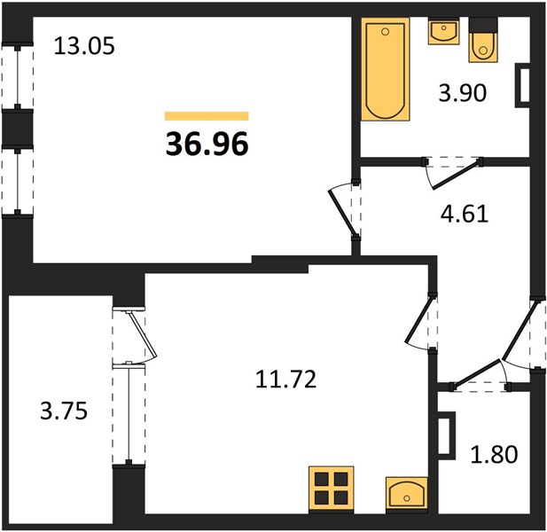 1—комн. квартира, 36.96 кв.м, 9/24 этаж
