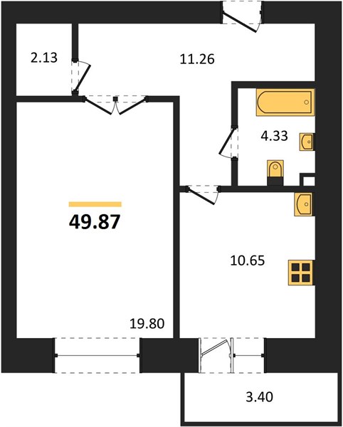 1—комн. квартира, 49.87 кв.м, 1/14 этаж