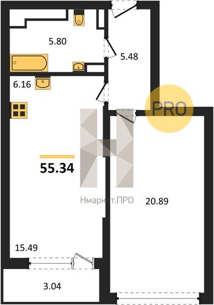1—комн. квартира, 55.34 кв.м, 9/23 этаж